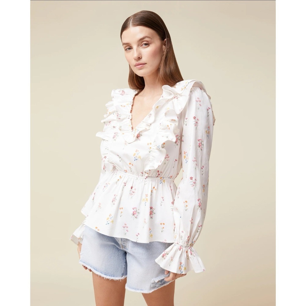 Rachel Parcell Floral Ruffle Peplum Blouse V-Neck Long Sleeve Women's M‎